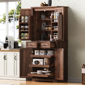 71" Tall Farmhouse Pantry Cabinet with 3 Pull-Out Organizers, 6 Door Shelves & 2 Drawers, Embossed Texture Freestanding Storage Cupboard - 1 of 4