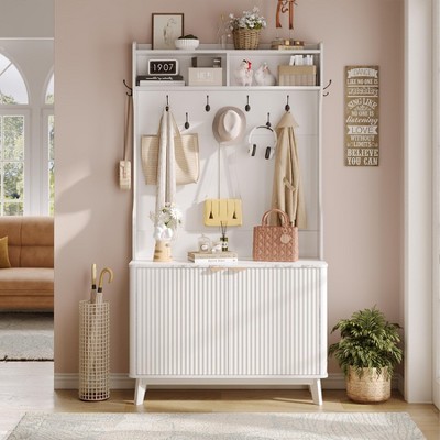 4-in-1 Hallway Tree with Shoe Storage, 77" Coat Rack with 18 Shoes Cubbies & 9 Coat Hooks, White