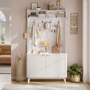 4-in-1 Hallway Tree with Shoe Storage, 77" Coat Rack with 18 Shoes Cubbies & 9 Coat Hooks, White - 1 of 4
