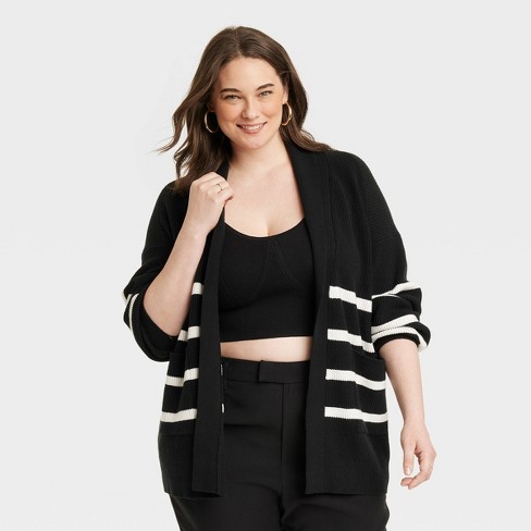 Women's Open Layering Cardigan - A New Day™ Black/cream Striped 4x