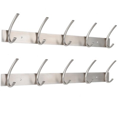 BirdRock Home Premium 5-Hook Coat and Hat Rack - Brushed Nickel Finish - Set of 2