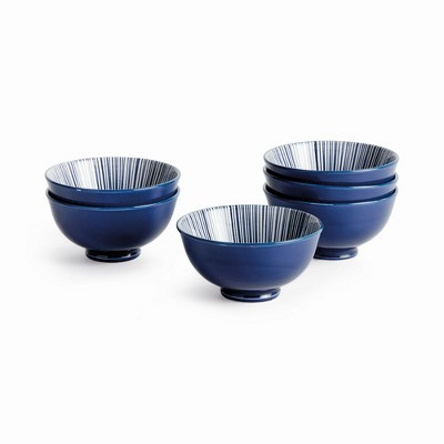 Plum & Post Stria 4.75" Bowls, Set of 6 - Dark Blue/White Ceramic