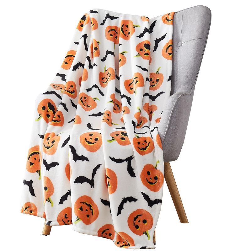 Kate Aurora Halloween Pumpkins Bats Rustic Orange & White Ultra Soft & Plush Throw Blankets, 2 of 3