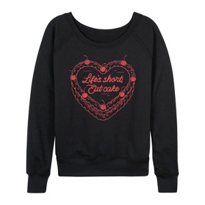 Women's - Instant Message - Eat Cake Heart Lightweight French Terry Wide Neck Long Sleeve Graphic Shirt - 1 of 4