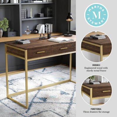 Walnut and Brass Modern Home Office Desk with Drawers