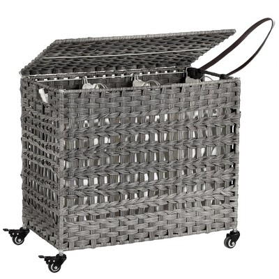 Image of SONGMICS Laundry Hamper with Lid, 140L Synthetic Rattan Laundry Basket with Wheels, Clothes Hamper with 3 Removable Liner Bags, Gray