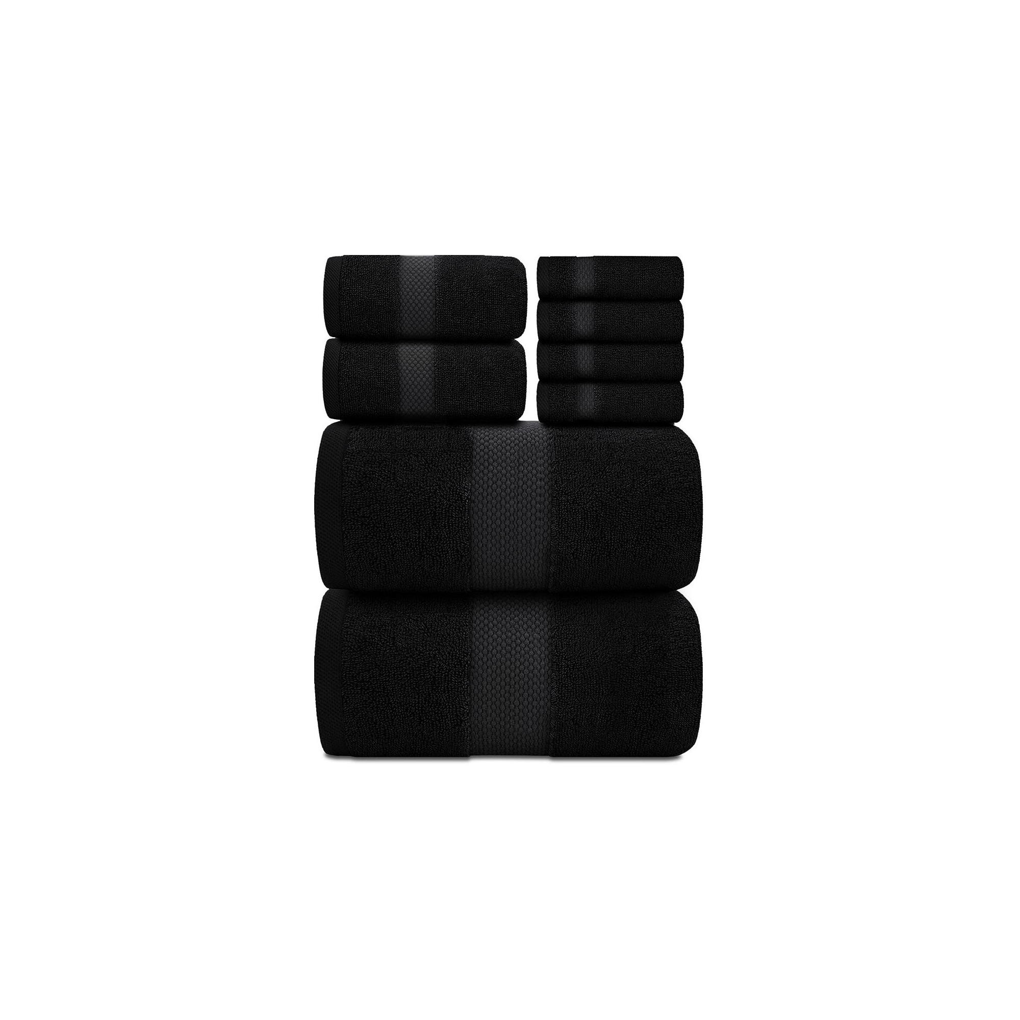 White Classic Luxury 100% Cotton 8 Piece Towel Set - 4x Washcloths, 2x Hand, and 2x Bath Towels - Black
