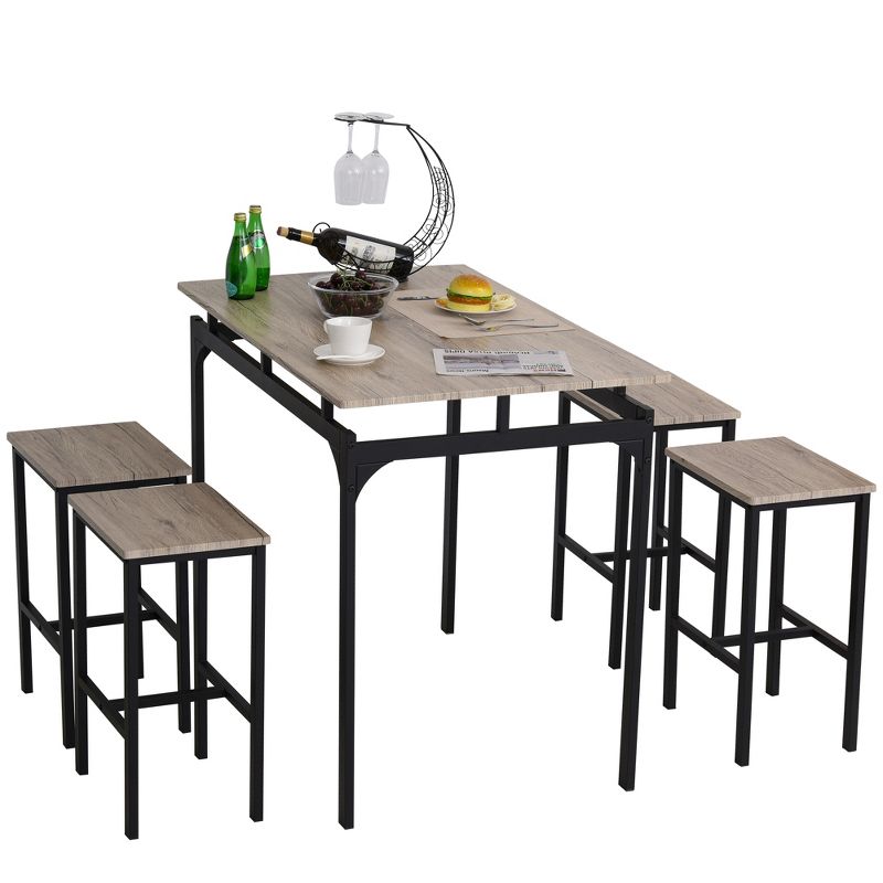 HOMCOM 5 Piece Modern Dining Table and 4 Stools Industrial Dining Set with Footrest & Metal Legs, For Kitchen, Natural, 4 of 10