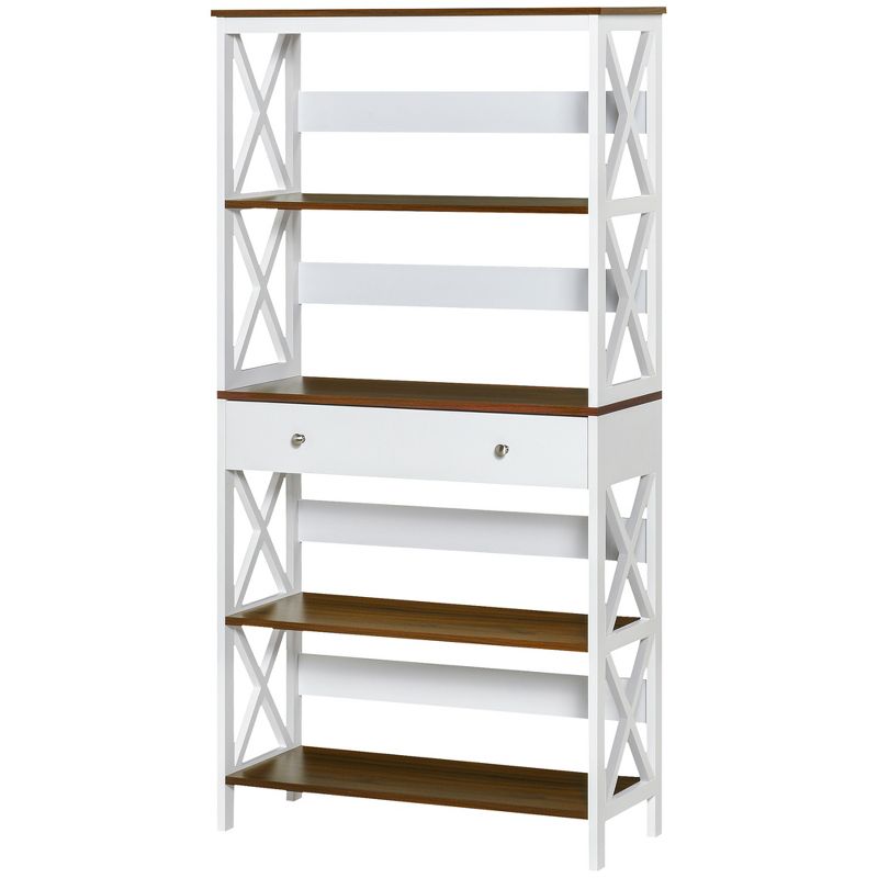 HOMCOM 4-Tier Shelving Bookcase Storage Cupboard with Pull Out Drawer, and Wooden Frame with X Bar Stability, White, 4 of 9