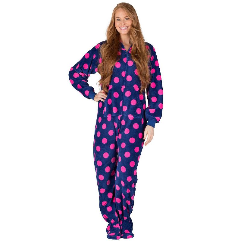 Footed Pajamas - Navy Pink Polka Adult Hoodie Chenille Onesie, 2 of 4