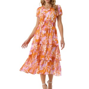 INSPIRE CHIC Women's Floral V Neck Short Sleeve Ruffle Tiered Layered Swing Summer Midi Dress - 1 of 4