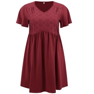 Women's Plus Size V Neck Ruffle Sleeve High Waist Front Embroidered A Line Dresses - GRACE & GRANDEUR - 1 of 4