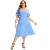 Women's Plus Size Lantern Sleeve Casual Ruffle Hem Loose Swing V Neck Tunic Mini Dress - 3 of 4