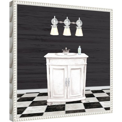 Modern Bathroom I Black and White Canvas Wall Art with White Frame