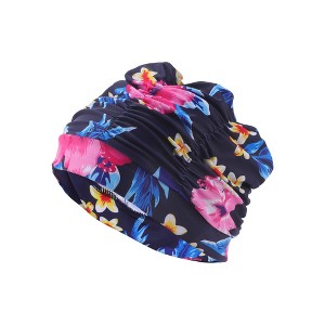 Unique Bargains Polyester Flower Pattern Swim Cap 5.91"x9.25" Navy Blue Pink 1 Pc - 1 of 4
