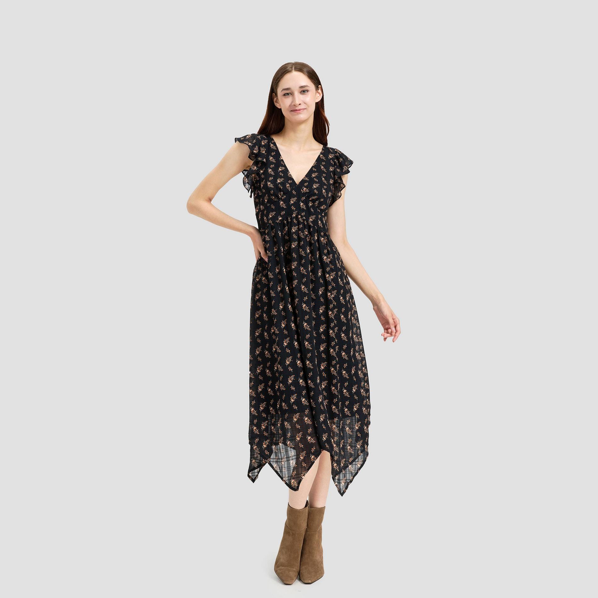 Women's Flutter Cap Sleeve Midi A-Line Dress - Universal Thread™ Black Floral