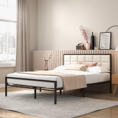 Metal Bed Frame with Square Faux Leather Headboard, with Steel Slats Support, Strong Slats Support