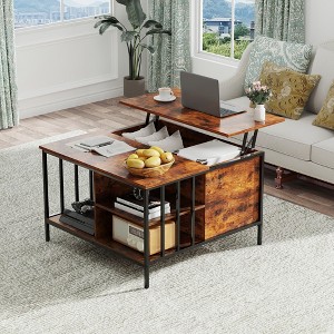 Kumasinova 31.5" Lift-Top Coffee Table with 3 Storage Shelves,Adjustable Height Center Table with Hidden Compartment,End Table for Living Room,Walnut - 1 of 4