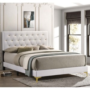 Sapphtopaz Modern Queen Size Bed Frame with Gold Bars Tufted Upholstered Headboard Wooden Panel Bed with Metal Leg for Bedroom,No Box Spring Needed - 1 of 4