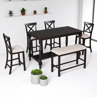 6-Piece Counter Height Dining Table Set with 4 Chairs & Bench, MDF & Melaleuca Wood, Storage Shelf, Distressed Finish for Dining Room & Kitchen