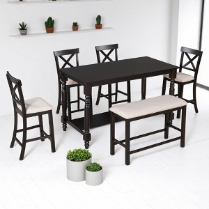 6-Piece Counter Height Dining Table Set with 4 Chairs & Bench, MDF & Melaleuca Wood, Storage Shelf, Distressed Finish for Dining Room & Kitchen - 1 of 4
