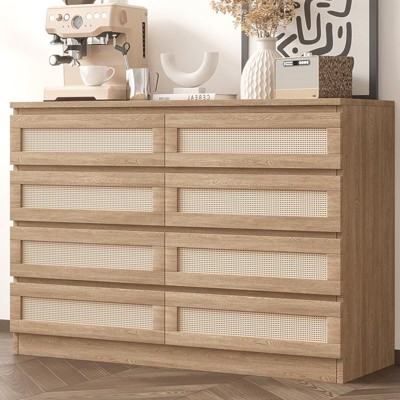 Rattan 8 Dresser for Bedroom, Natural Oak 8 Drawer Dresser for Closet, Double Wooden 8 Chest of Drawers for Living Room, Entryway, Hallway, Nursery