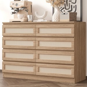 Rattan 8 Dresser for Bedroom, Natural Oak 8 Drawer Dresser for Closet, Double Wooden 8 Chest of Drawers for Living Room, Entryway, Hallway, Nursery - 1 of 4
