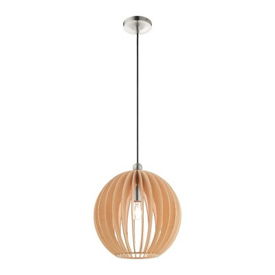 Mini Globe Brushed Nickel Pendant with Round Wood Shade