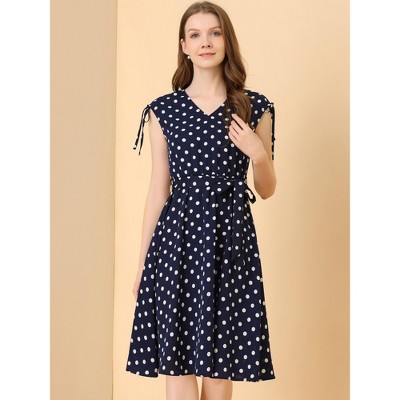 Женские платья INSPIRE CHIC Women's V-Neck Sleeveless Polka Dots Dress Medium Dark Blue — фото 4