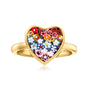 Ross-Simons Italian Multicolored Murano Glass Mosaic Floral Heart Ring in 18kt Gold Over Sterling - 1 of 4