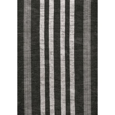 Ivory and Black Striped Synthetic Washable Area Rug