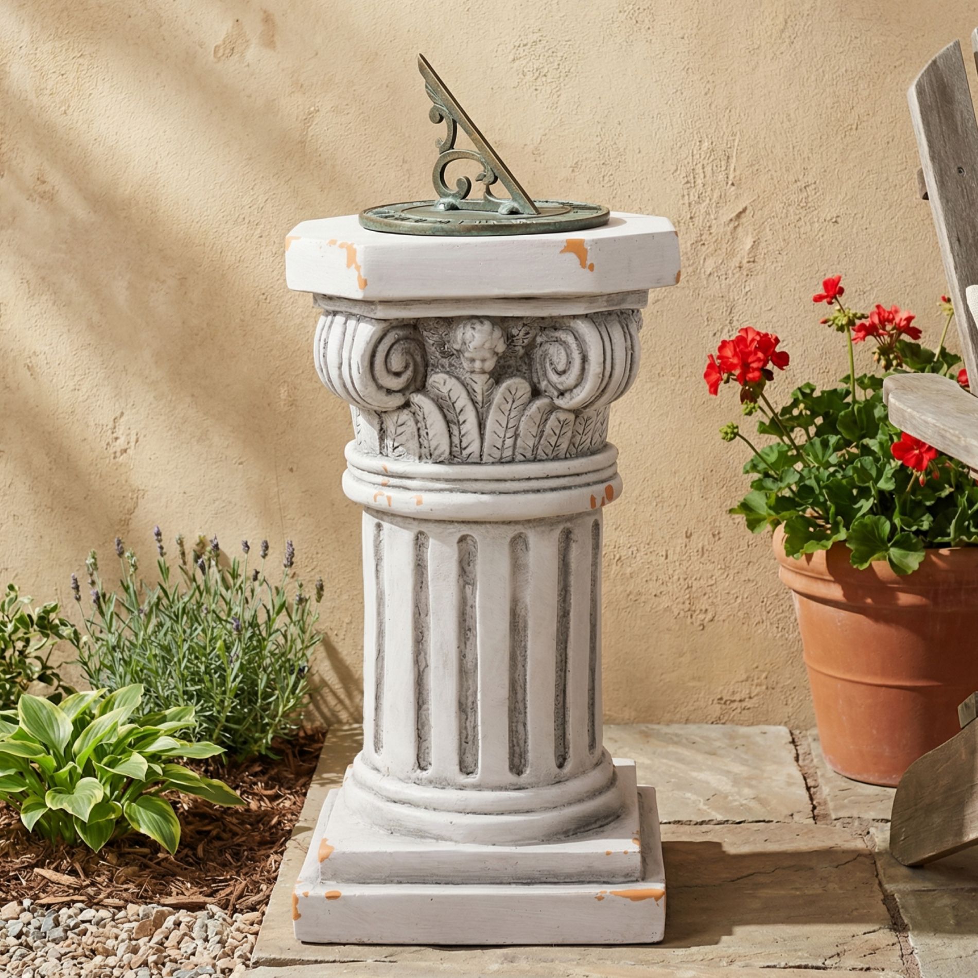 Ionic Pedestal Plant Stand Patio End Table Outdoor Decorative Side Table, MGO Weather Resistant Accent Table, No Assembly, Antique White - ModernLuxe