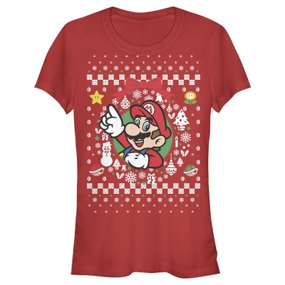 Juniors Womens Nintendo Ugly Christmas Mario Wreath T-Shirt
