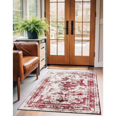 Burgundy and Tan Low Pile Synthetic Area Rug