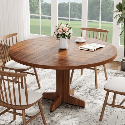 Round Dining Table for 4, 47 Inch Farmhouse Kitchen Table with Wood Tabletop and Sturdy Base, Ideal for Dining Room and Living Room, Walnut