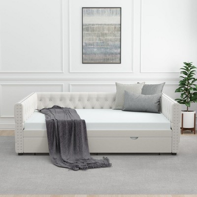 Daybed With Trundle Velvet Upholstered Tufted Sofa Bed,Arms With Button And Copper Nail,Full Daybed For Bedroom,Living Room,Guest Room-Cuddlewood