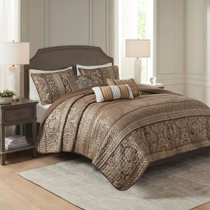 Sapphtopaz 6 Piece Quilt Set Comforter Set Jacquard Plant Printing Vermicelli Quilting Reversible Quilt with Throw Pillows - 1 of 4