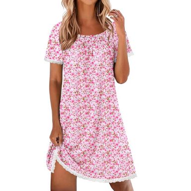 sleep dress for ladies Ekouaer Cotton Nightgowns Women Pleated Shirts Short Sleeve Night Shirt Lace Trim Sleep Gown Floral Pink 3XL : Target christmas party outfit