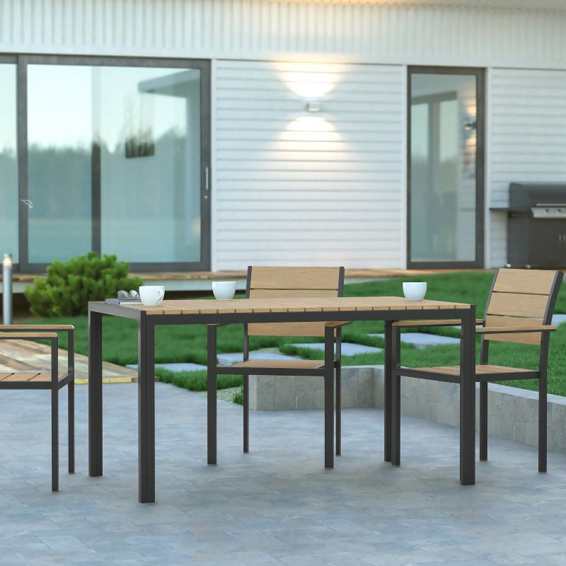 Emma and Oliver 55" x 31" Outdoor Dining Table with Faux Teak Poly Slat Top and Metal Frame, 2 of 12