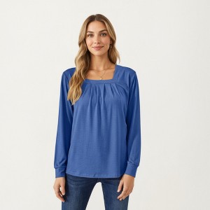 Anna-Kaci Women's Long Sleeve Square Neck Top with Front Pleat Detailing and Relaxed Fit - 1 of 4
