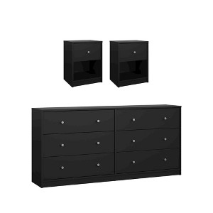 Tvilum, Portland 3-Piece Bedroom Set - 6 Drawer Double Dresser And  Nightstand Set Of 2, Black