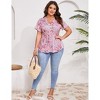 Women Plus Size V Neck Button Tunic Tops Flower Print Casual Short Sleeve Swing Flowy Tunic Henley Shirts - 4 of 4