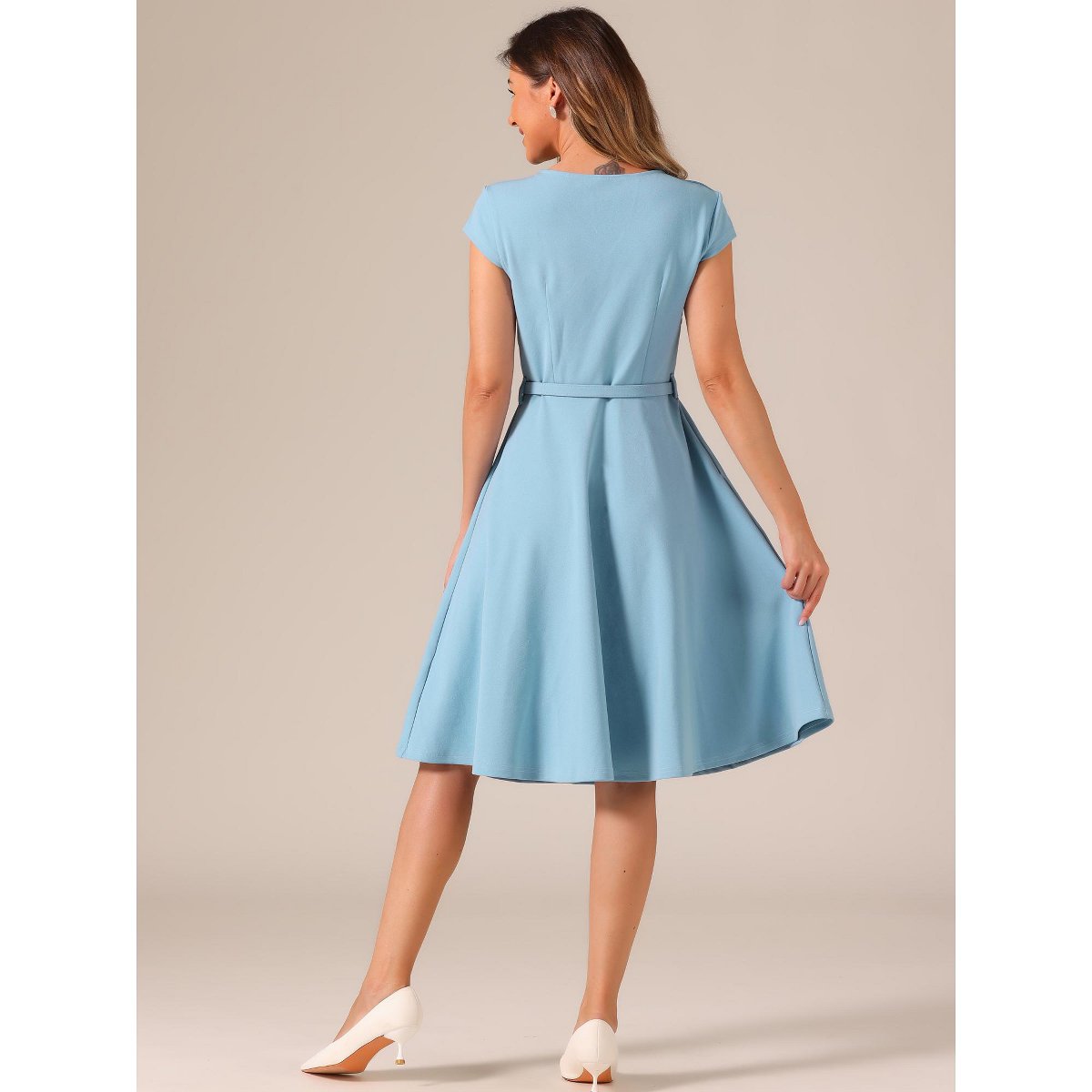 Женские платья INSPIRE CHIC Women's Belted V Neck Cap Sleeve Flowy A-line Cocktail Dresses Blue Large — фото 3