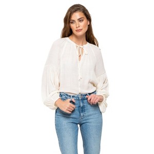 August Sky Women's Long Sleeve Peasant Woven Top - 1 of 4