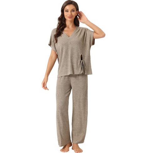 cheibear Womens Nightwear with Pants Lounge Satin Sleepwear Soft Button  Down Pajama Set