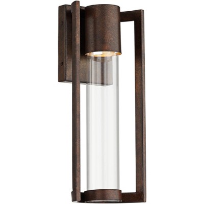 Possini Euro Design Modern Outdoor Wall Light Fixture LED Bronze 15" Clear Glass Cylinder for Exterior House Porch Patio Deck