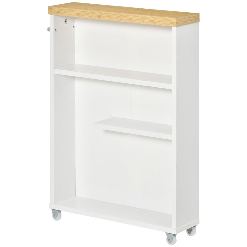 kleankin Slim Bathroom Cabinet with Castor Wheels Storage Organizer and Wood Shelves To Fit In Small Spaces, White, 4 of 9