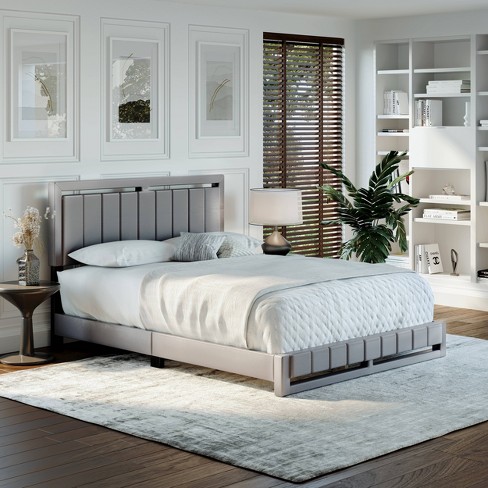 Queen Sloan Vertical Stitched Upholstered Platform Bed Gray Faux