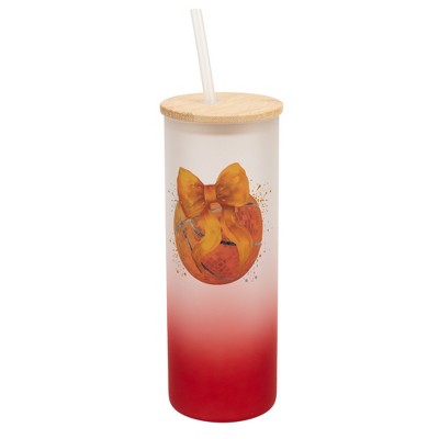 Elanze Designs 25 Ounce Frosted Glass Gradient Travel Tumbler With Straw and Wooden Lid, Basketball With Orange Bow Red
