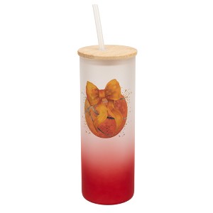Elanze Designs 25 Ounce Frosted Glass Gradient Travel Tumbler With Straw and Wooden Lid, Basketball With Orange Bow Red - 1 of 1